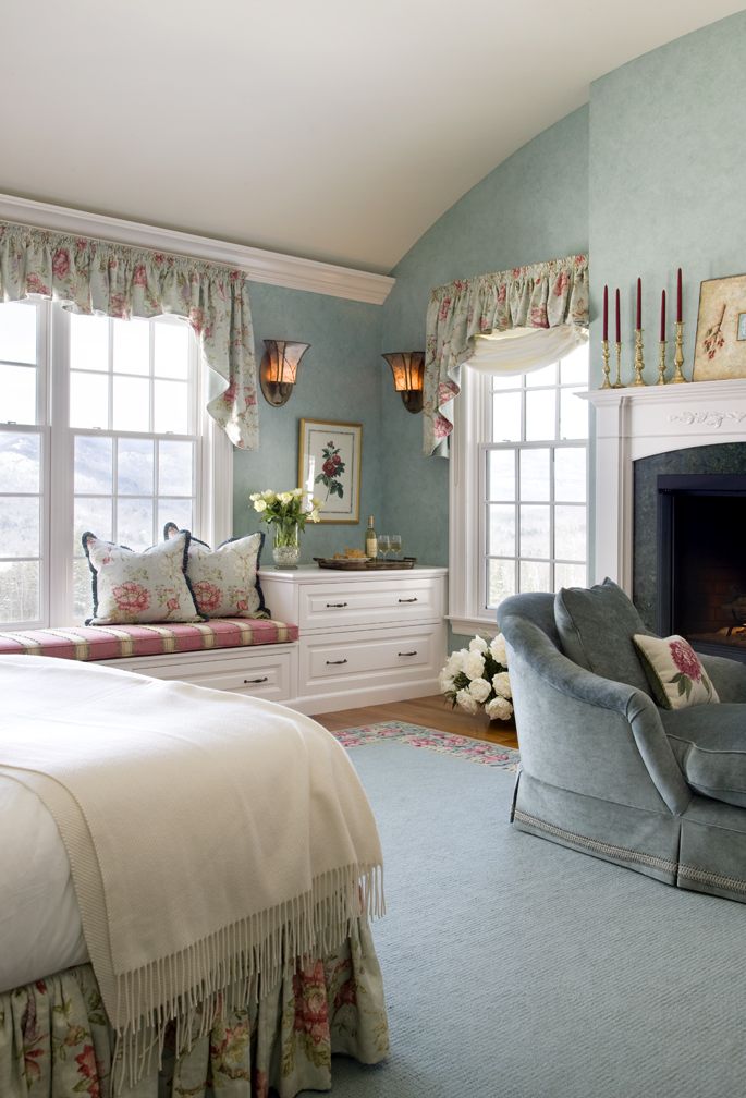 Comfy and romantic bedroom nestled in the White Mountains of New Hampshire by Boston Interior Designer Elizabeth Swartz Interiors.