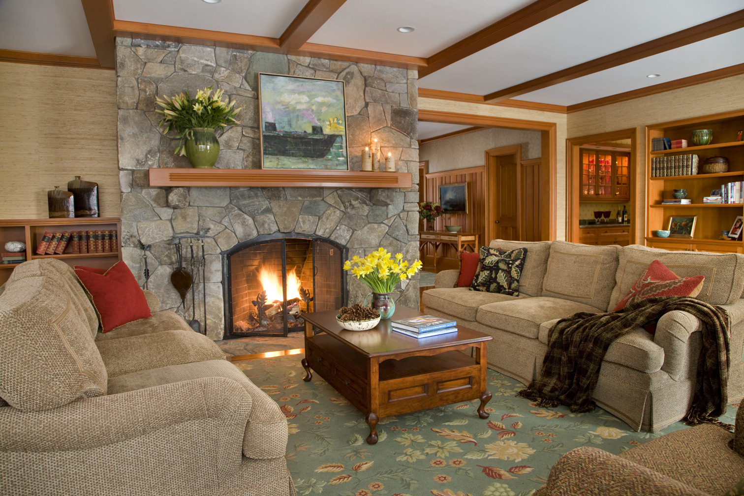 Stone fireplace by Elizabeth Swartz Interiors