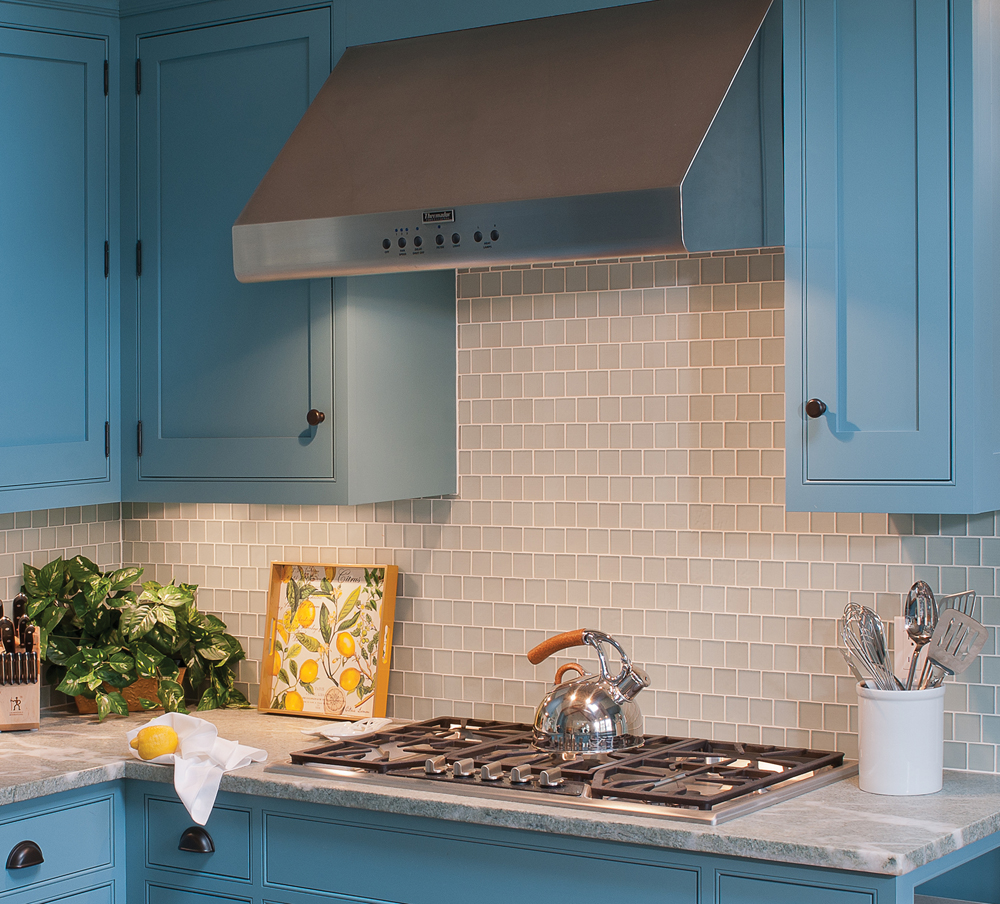 frosted blue glass tile kitchen backsplash by Elizabeth Swartz Interiors