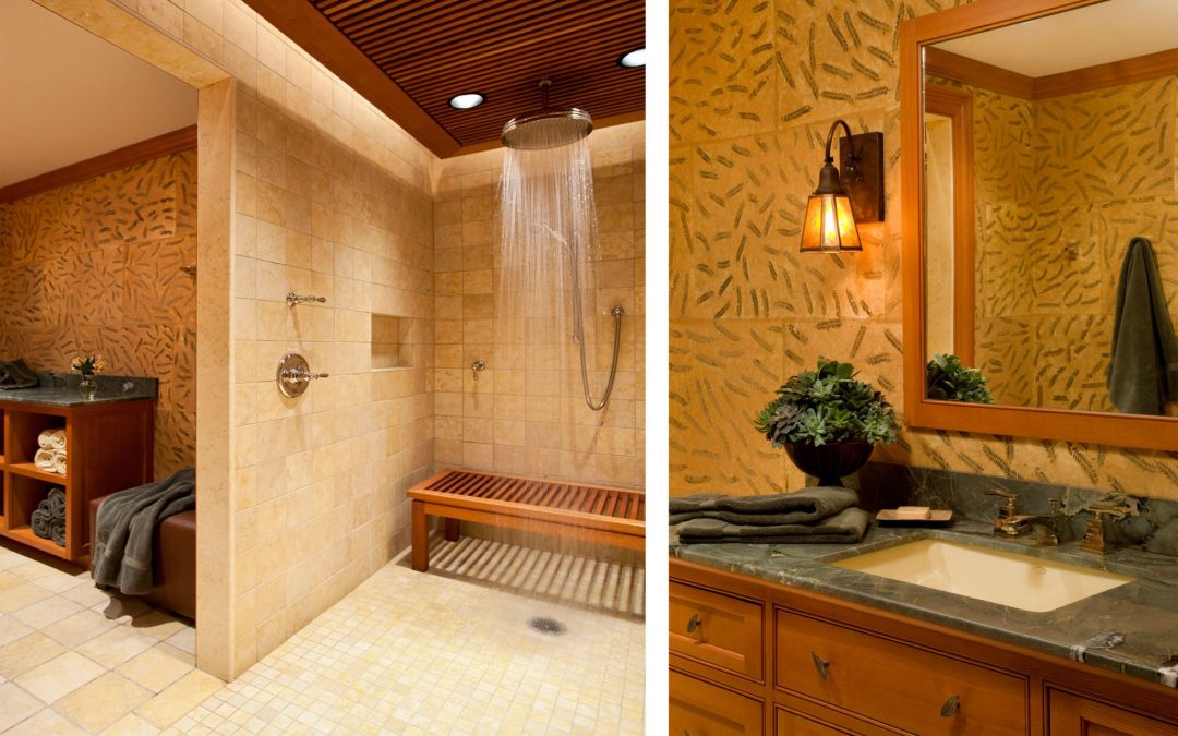 The master bath of a sophisticated mountain retreat combining modern outdoor motifs and rustic materials.