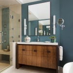Bathroom of a contemporary interior design by Boston Interior Designer Elizabeth Swartz Interiors blending sophisticated materials such as natural stone, warm woods, and glass.