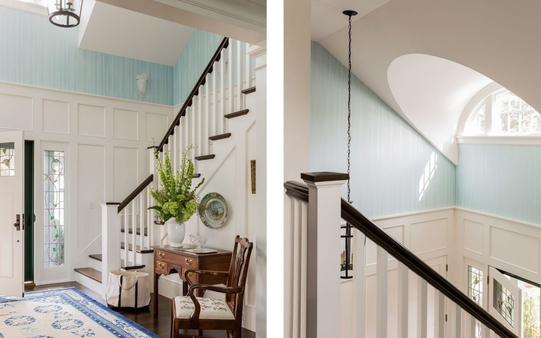 The stairwell of this light and bright coastal home by Boston Interior Designer Elizabeth Swartz Interiors features a contemporary interior design with a nod to this homes traditional roots.