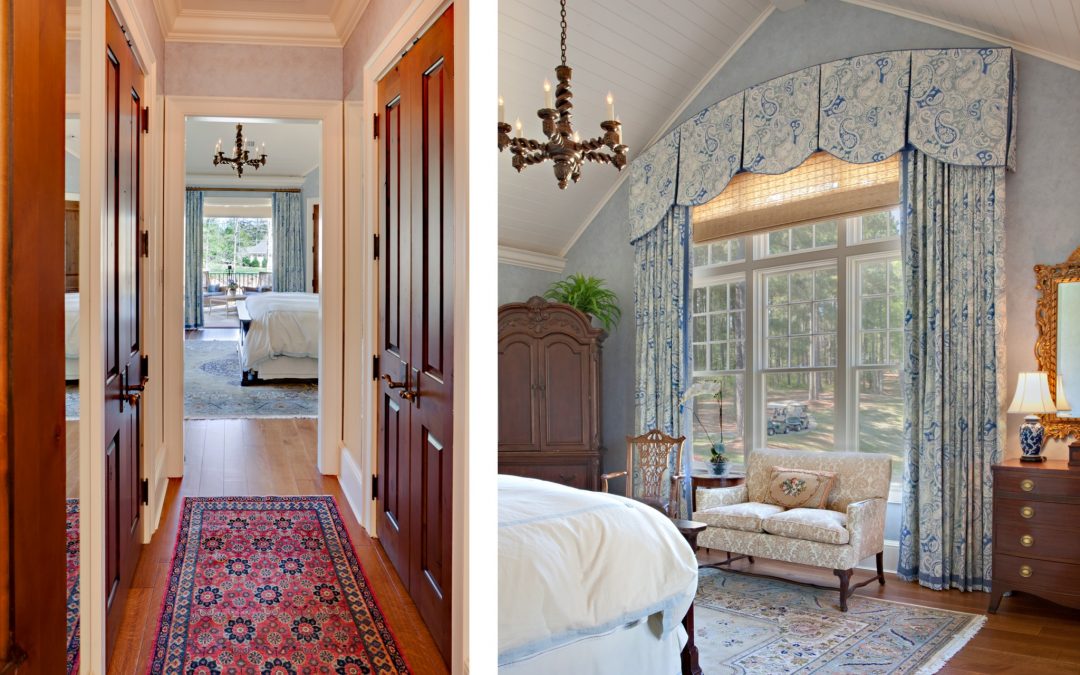 This relaxing feminine bedroom in this Georgia lake house features award winning custom window treatments and interior design by Boston interior designer Elizabeth Swartz Interiors.