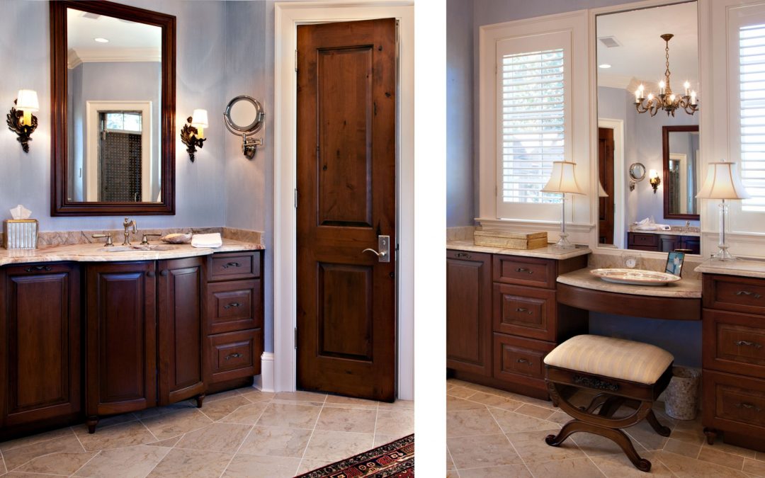 The master bath in this Georgia lake house designed by Boston interior designer Elizabeth Swartz Interiors  utilizes the client's preferred color palette of blues and browns.