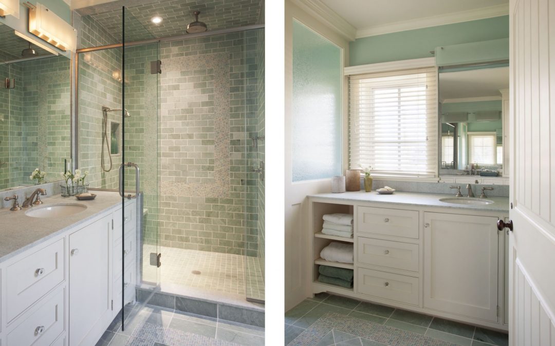 The interior design for the main bathroom of this beach cottage on Martha's Vineyard by Boston Interior Designer Elizabeth Swartz Interiors makes use of every bit of space to provide ample storage for the homeowner. 