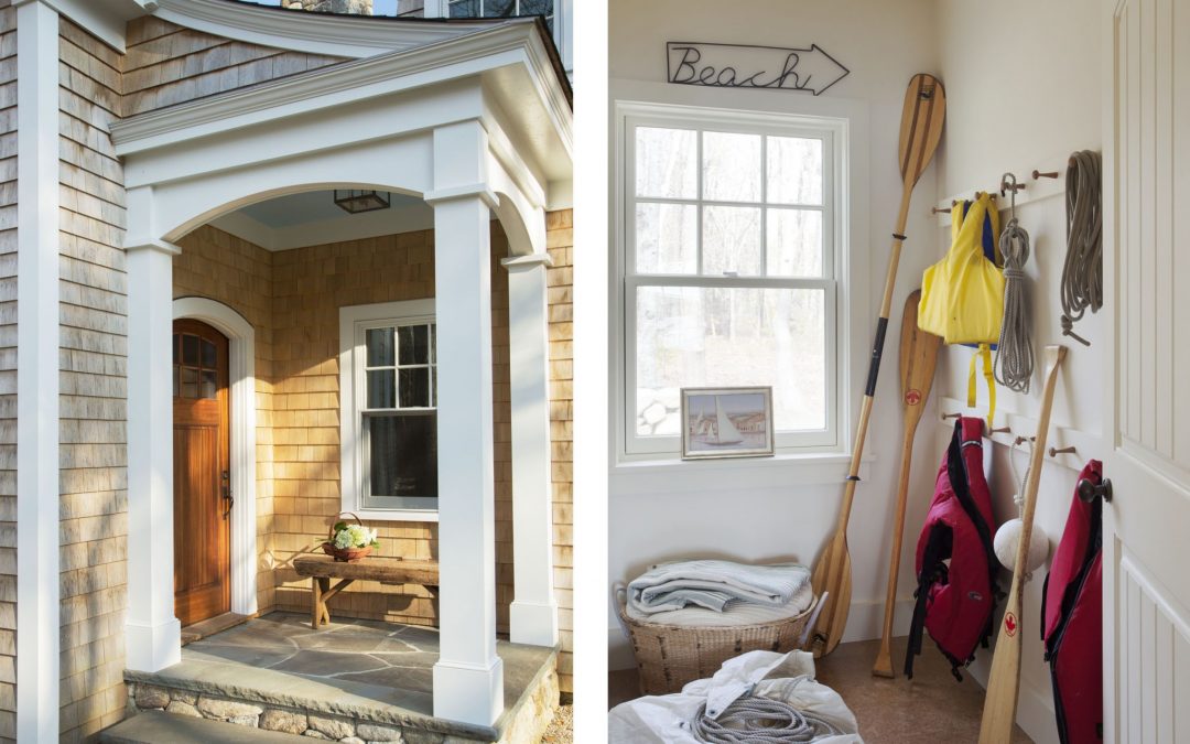 Despite their smaller size, the entrances to this Martha's Vineyard beach cottage with interior design by Boston Interior Designer Elizabeth Swartz Interiors are light filled, open and inviting.