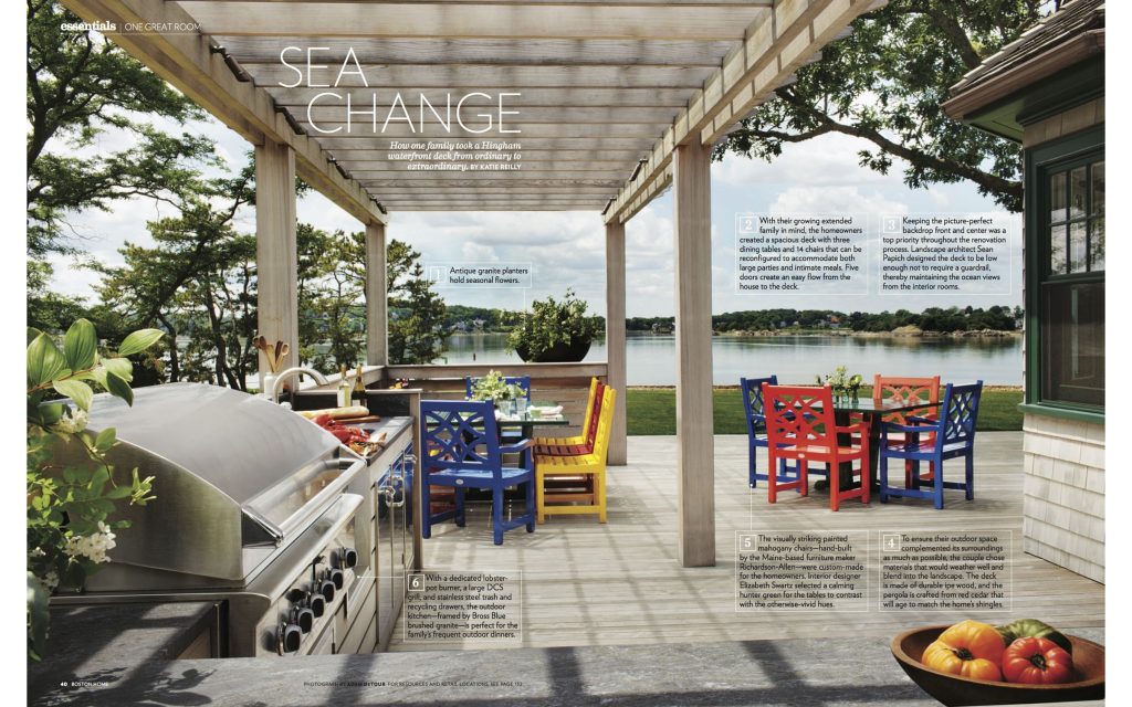 Boston Home | One Great Room - On Boston’s South Shore, this waterfront deck featured in Boston Home includes an outdoor kitchen with dedicated lobster pot burner and oversized grill with granite counters.