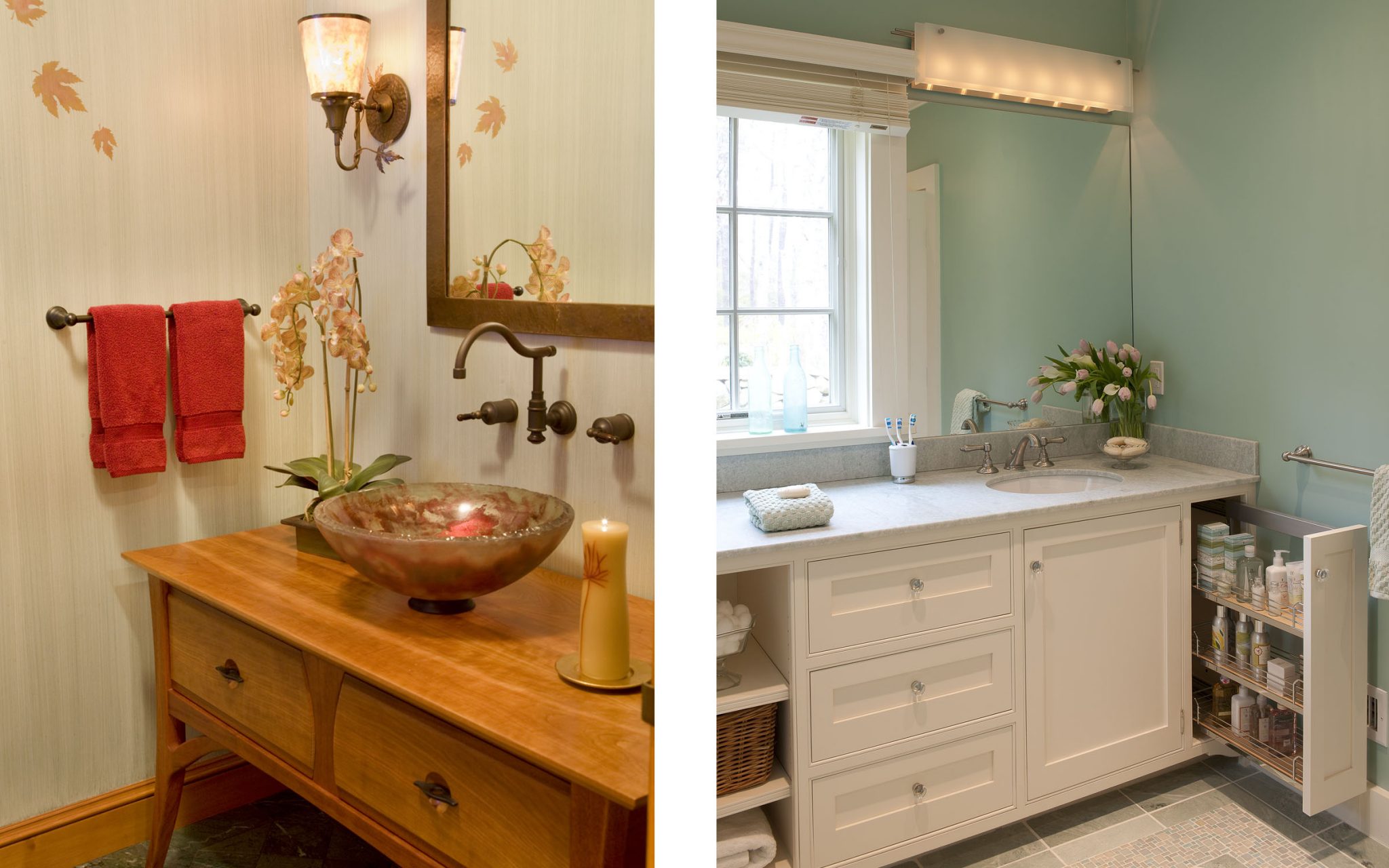 Two bathrooms designed by Boston-area interior design firm Elizabeth Swartz Interiors that are featured in this HGTV article about bathroom storage. 