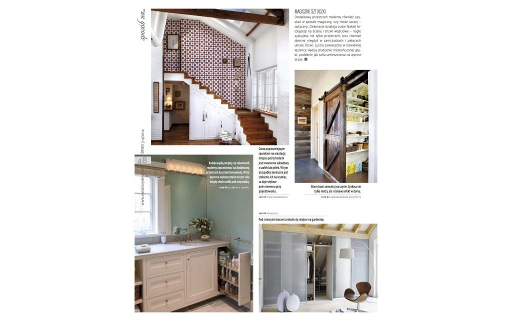 Polish Magazine | Świat Rezydencji Wnętrz Ogrodów Features bathroom cabinetry designed by Boston-based Elizabeth Swartz Interiors blends color, style and efficient storage.