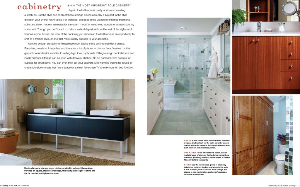 Bathroom cabinets come in a variety styles to suit most any interior design. Taunton's Bathroom Idea Book features Elizabeth Swartz Interiors’ classic marble and white cabinets. 
