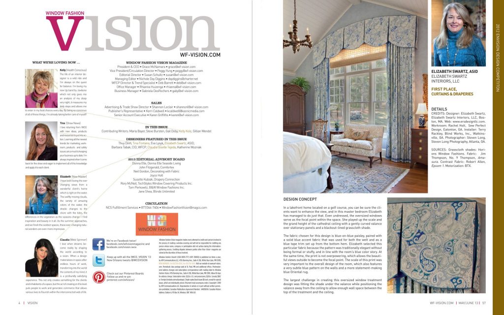 Window Fashion Vision | First Place, Curtains & Draperies for Boston Interior Designer Elizabeth Swartz Interiors for the window treatments for this lakeside master bedroom’s oversized windows.