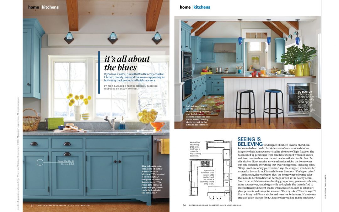 Better Homes & Gardens article called "It's All About the Blues" featuring kitchen design by Elizabeth Swartz interiors 