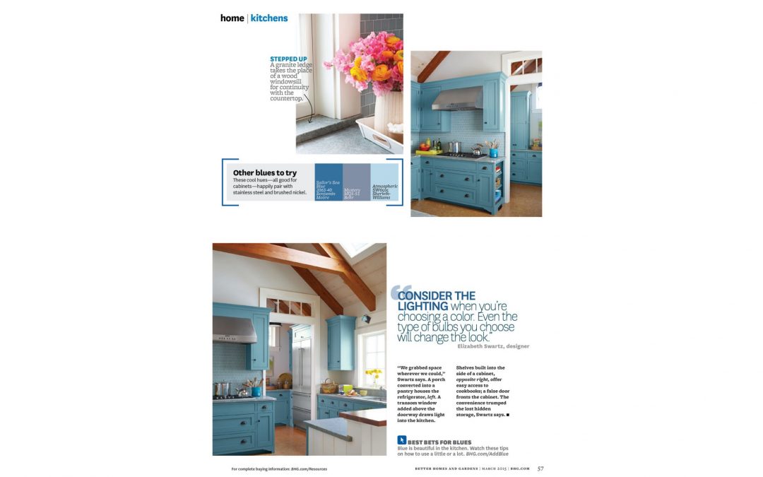 Better Homes & Gardens article called "It's All About the Blues" featuring kitchen design by Elizabeth Swartz interiors 