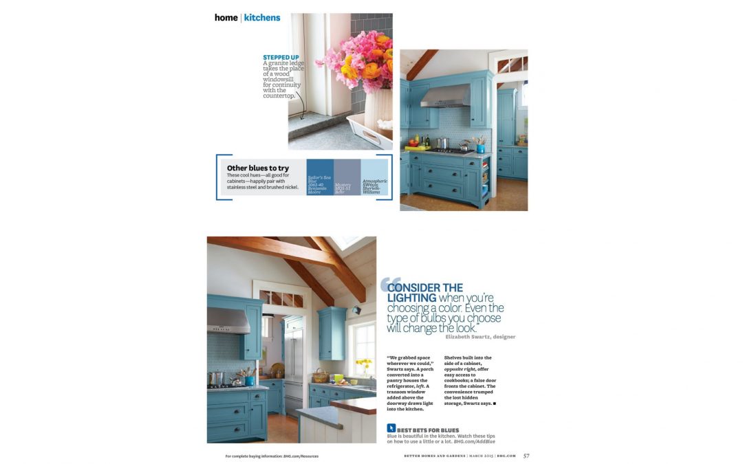 Better Homes & Gardens article called "It's All About the Blues" featuring kitchen design by Elizabeth Swartz interiors 