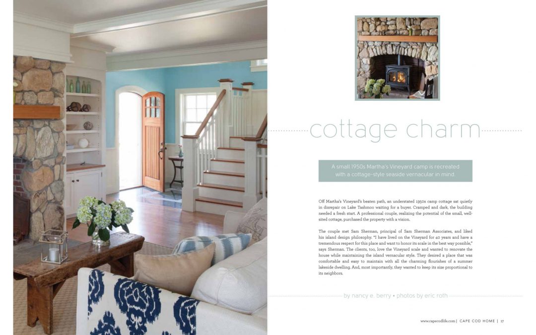 First and second pages of article in Cape Cod Home called "Cottage Charms" featuring interior design by Boston Interior Designer Elizabeth Swartz Interiors.