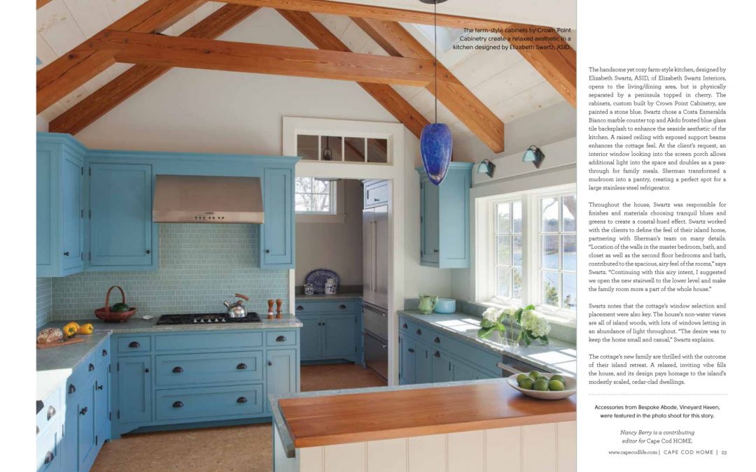 Seventh and eight pages of article in Cape Cod Home called "Cottage Charms" featuring interior design by Boston Interior Designer Elizabeth Swartz Interiors.