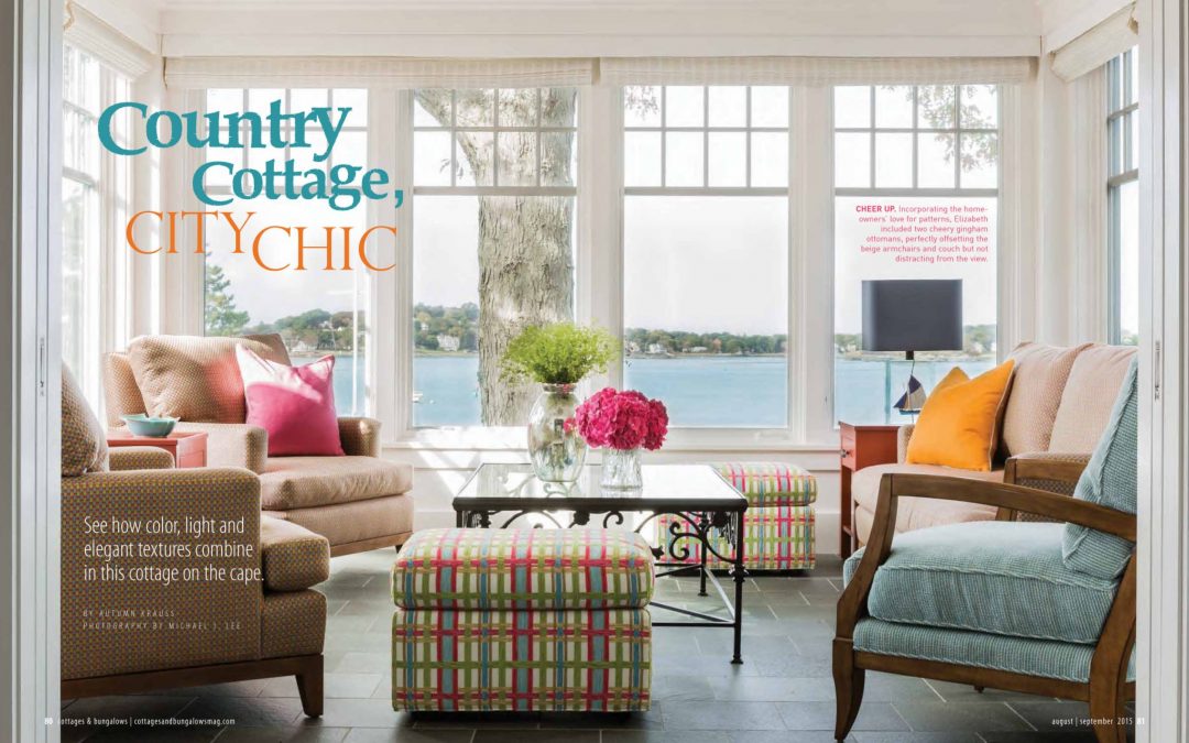 First and second page of Cottage and Bungalows magazine article "Country Cottage, City Chic" featuring interior design by Boston interior designer Elizabeth Swartz Interiors.s