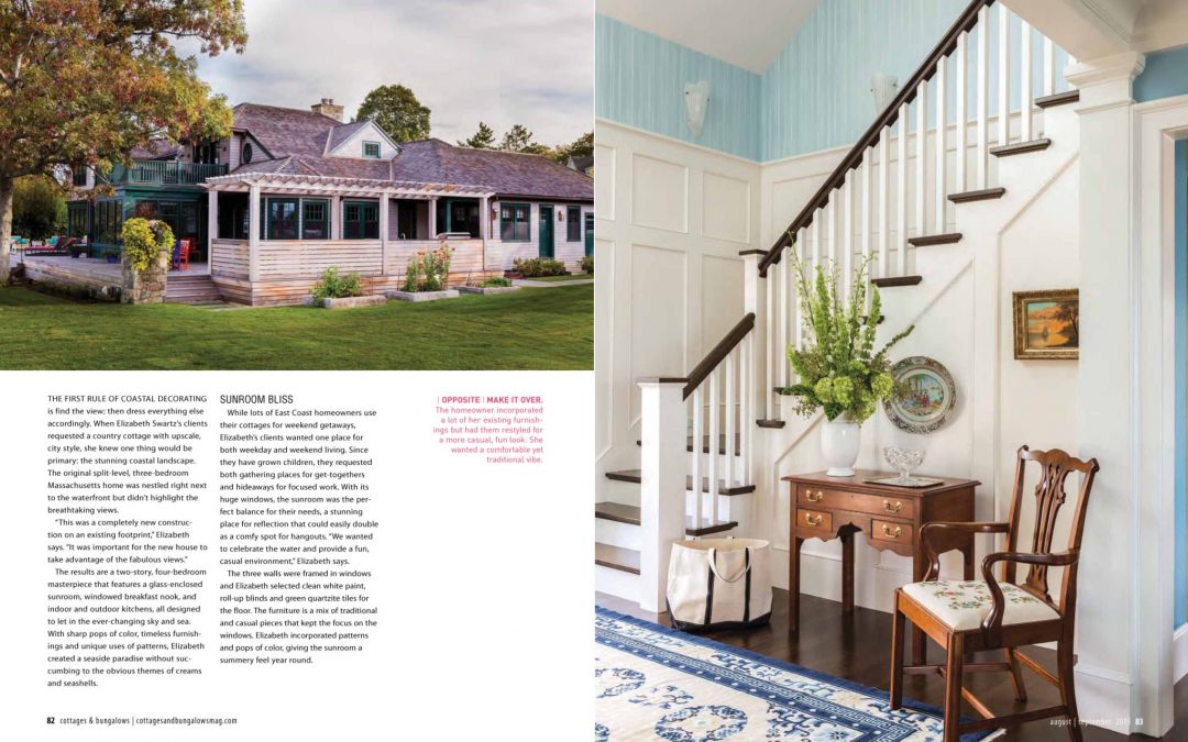 Third and forth pages of Cottage and Bungalows magazine article "Country Cottage, City Chic" featuring interior design by Boston interior designer Elizabeth Swartz Interiors.