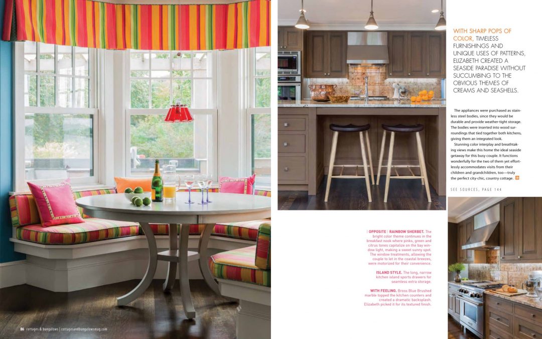 Seventh and eighth pages of Cottage and Bungalows magazine article "Country Cottage, City Chic" featuring interior design by Boston interior designer Elizabeth Swartz Interiors.