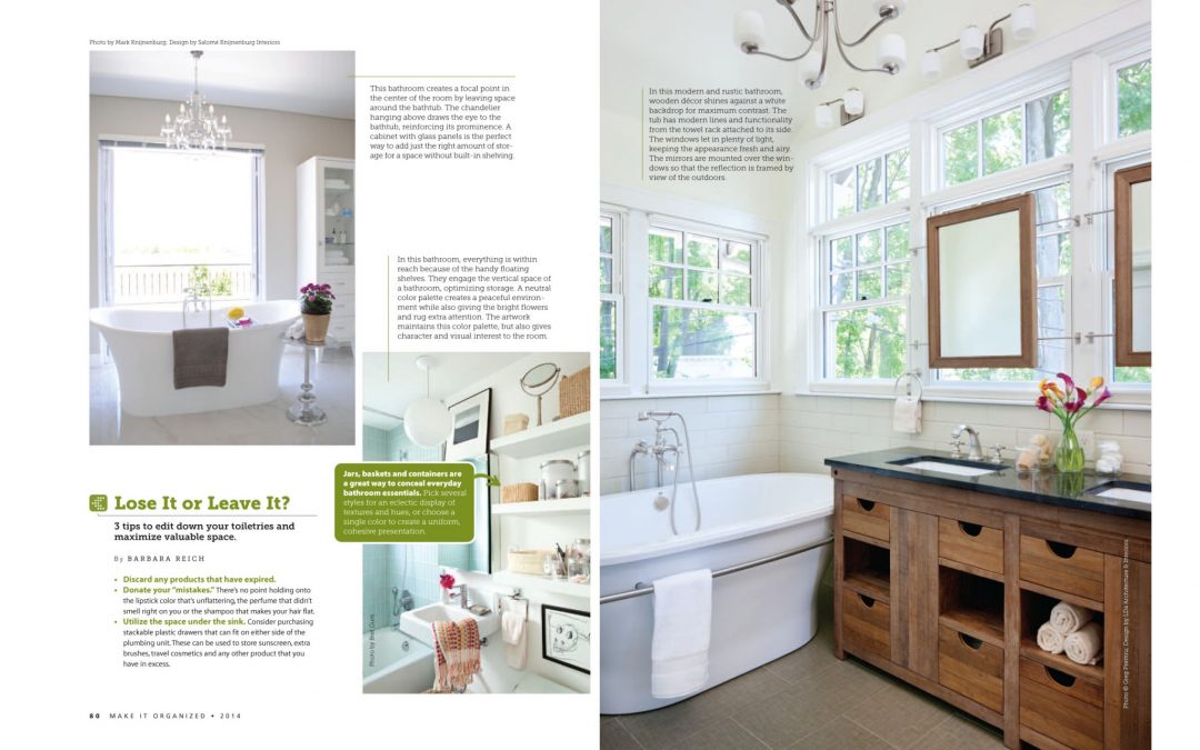 Third and forth pages of Make It Organized Article "Clean and Simple" featuring bathroom design by Boston interior designer Elizabeth Swartz Interiors.