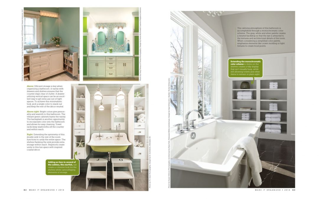 Fifth and sixth pages of Make It Organized Article "Clean and Simple" featuring bathroom design by Boston interior designer Elizabeth Swartz Interiors.