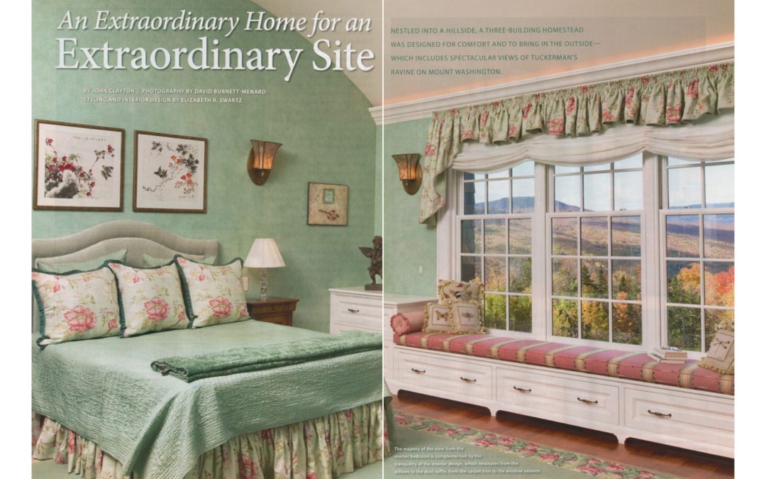 First and second pages of New Hampshire Home Magazine Article "An Extraordinary Home for and Extraordinary Site" featuring interior design by Boston interior designer Elizabeth Swartz Interiors.