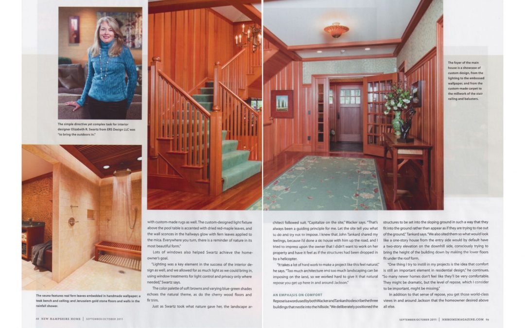 Ninth and tenth pages of New Hampshire Home Magazine Article "An Extraordinary Home for and Extraordinary Site" featuring interior design by Boston interior designer Elizabeth Swartz Interiors.