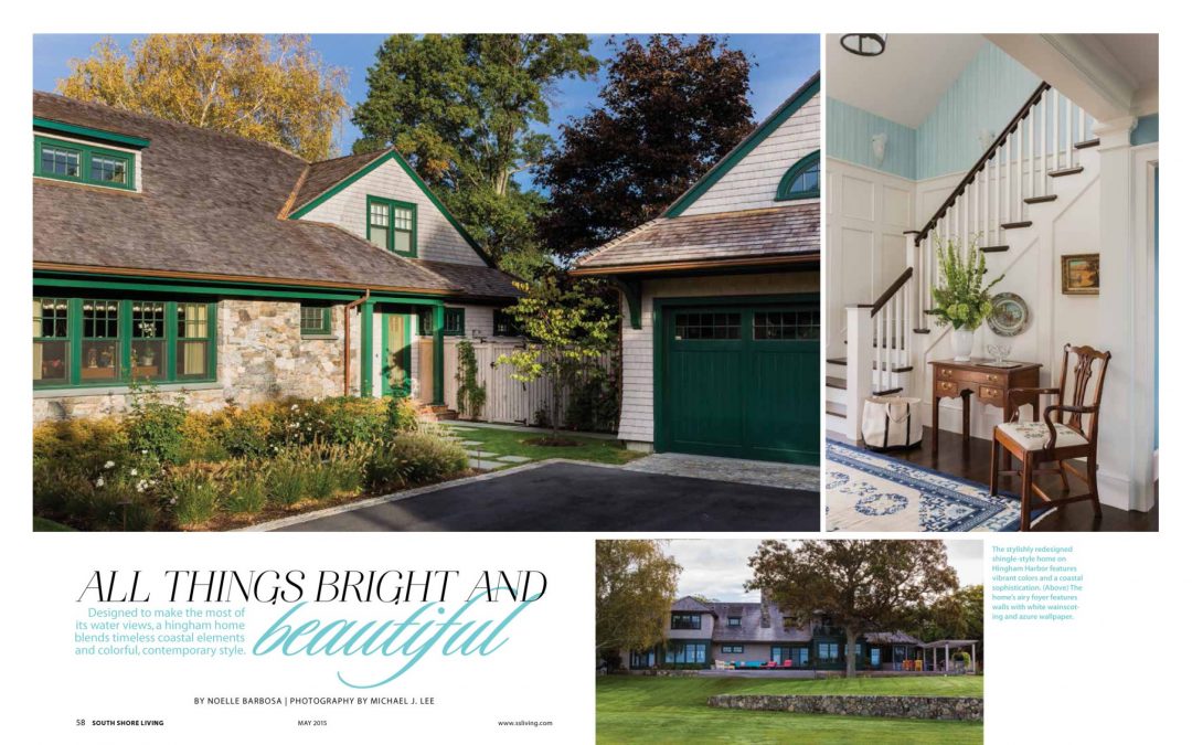 First and second pages of South Shore Living Magazine Article "All Things Bright and Beautiful" featuring interior design by Boston Interior Designer Elizabeth Swartz Interiors.