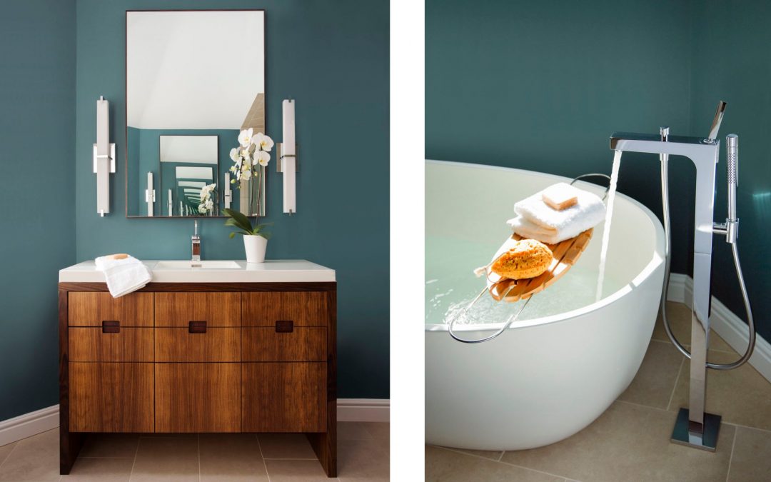 Bathroom of a contemporary interior design by Boston Interior Designer Elizabeth Swartz Interiors blending sophisticated materials such as natural stone, warm woods, and glass. 