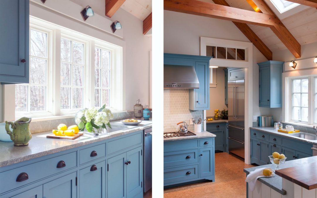 The interior design of the kitchen in this beach cottage on Martha's Vineyard by Boston Interior Designer Elizabeth Swartz Interiors features cool blues and warm woods reflecting the home's island roots.