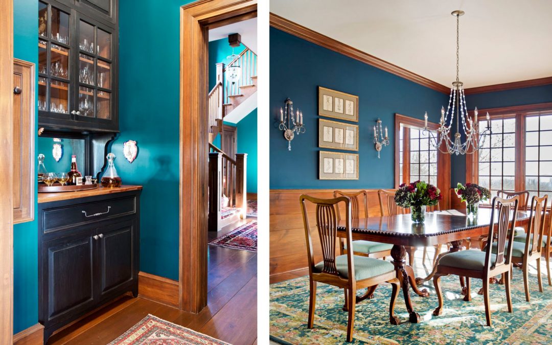 The dining room of this newly constructed Vermont farmhouse by Boston Interior Designer Elizabeth Swartz Interiors combines contemporary design elements with traditional architectural details, rich colors and local materials. 