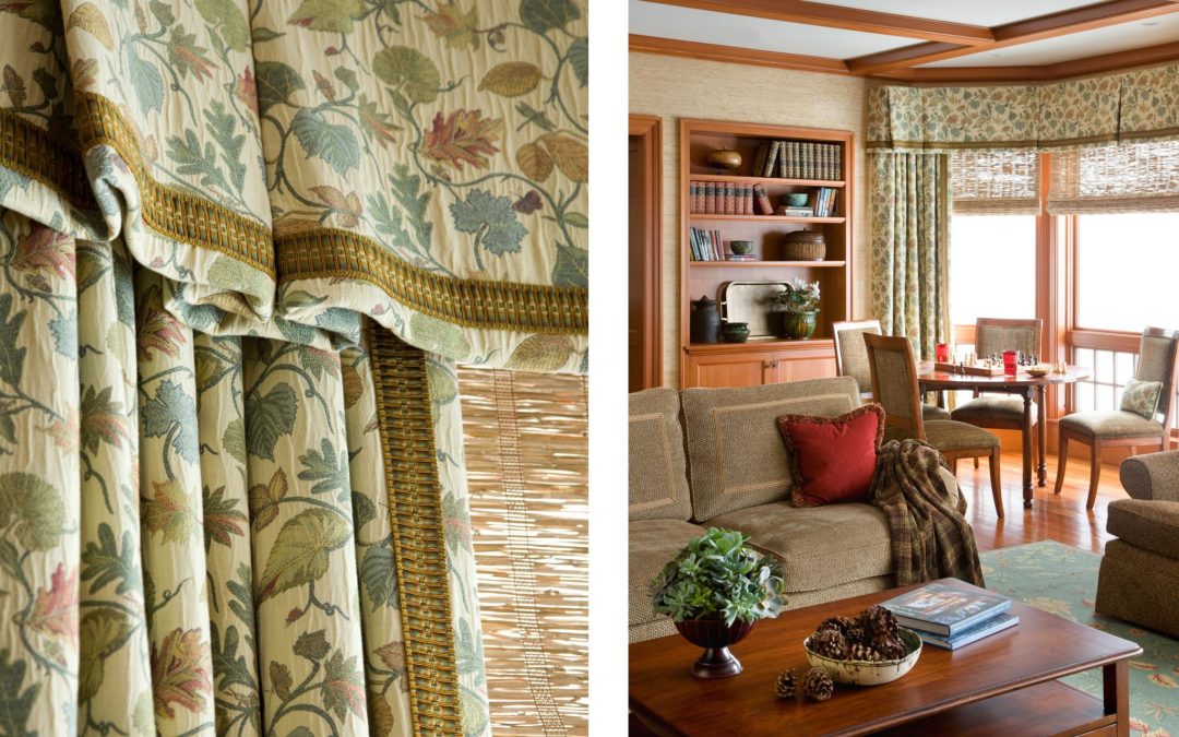 Custom window treatments frame the beautiful view of the White Mountains in this mountain retreat design by Boston Interior Designer Elizabeth Swartz Interiors.