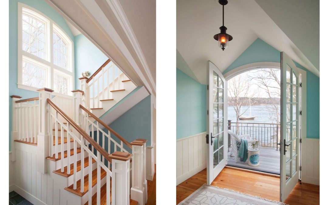 The interior design of this beach cottage on Martha's Vineyard by Boston Interior Designer Elizabeth Swartz Interiors takes advantage of the natural light with plenty of windows to reflect the warm sunlight off of the cool blue walls used throughout.