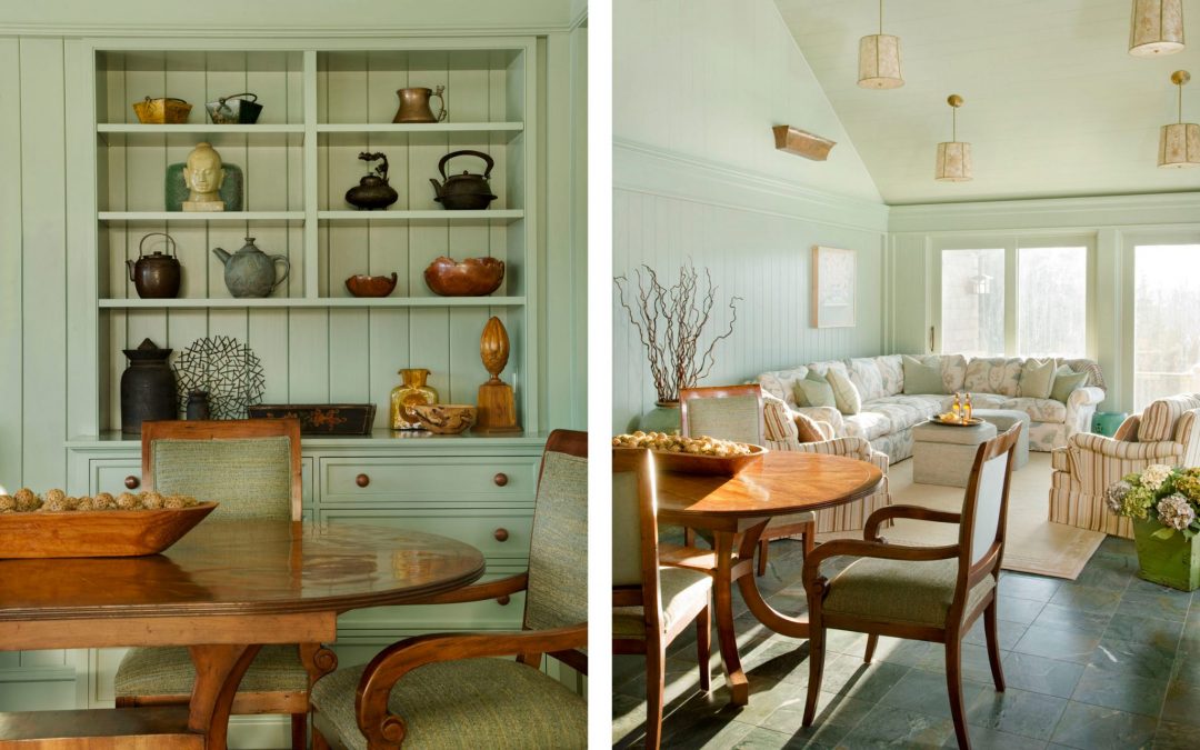 The sunroom in this White Mountain retreat with interior design by Boston Interior Designer Elizabeth Swartz Interiors is inspired by the beauty of its natural surroundings.