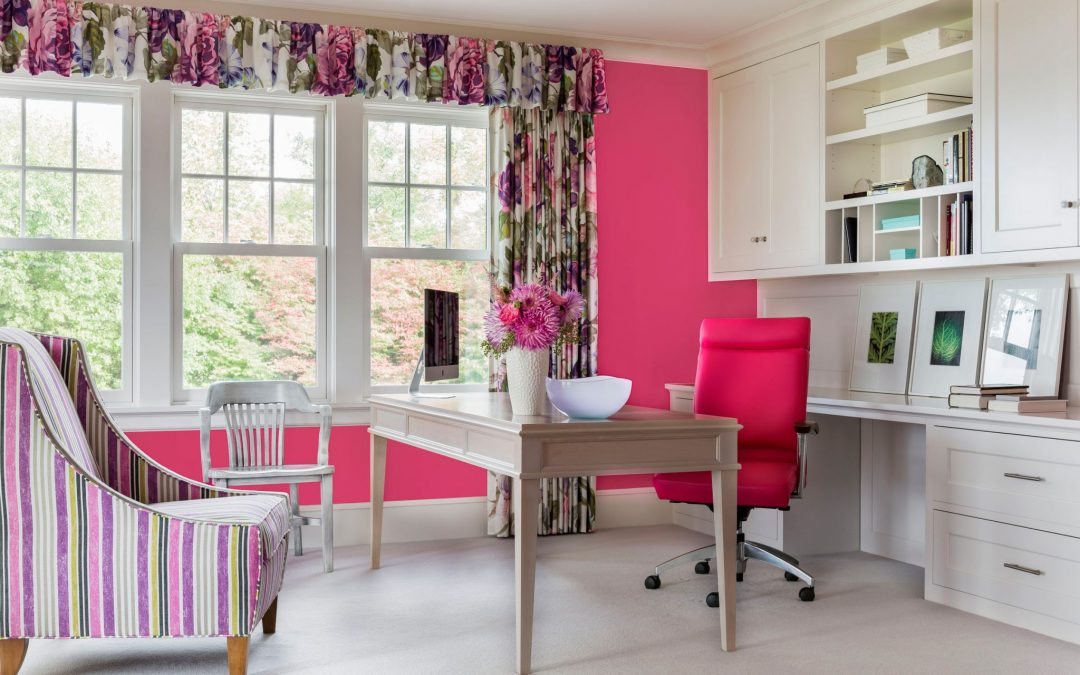 Home office designed by Boston Interior Designer Elizabeth Swartz Interiors in this contemporary coastal home. The interior combines bold contemporary fabrics, sophisticated finishes and rich colors anchored by traditional architectural details.