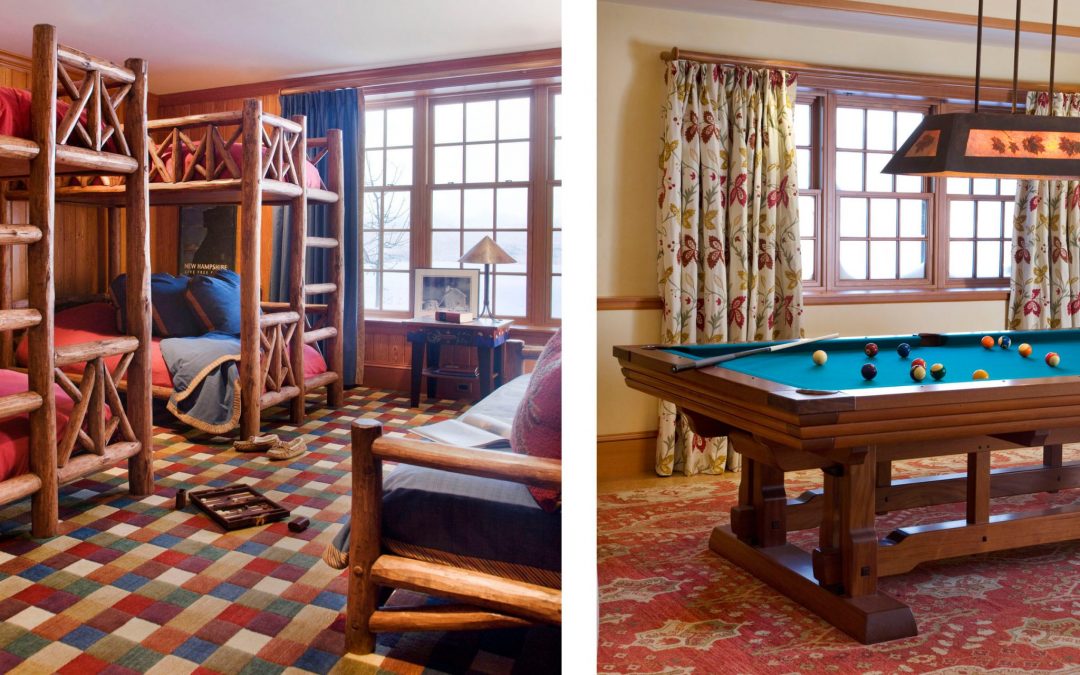 This White Mountain retreat designed by Boston Interior Designer Elizabeth Swartz Interiors features plenty of room for guests. In addition to multiple bedrooms, it has a bunk room for kids and a game room as well.