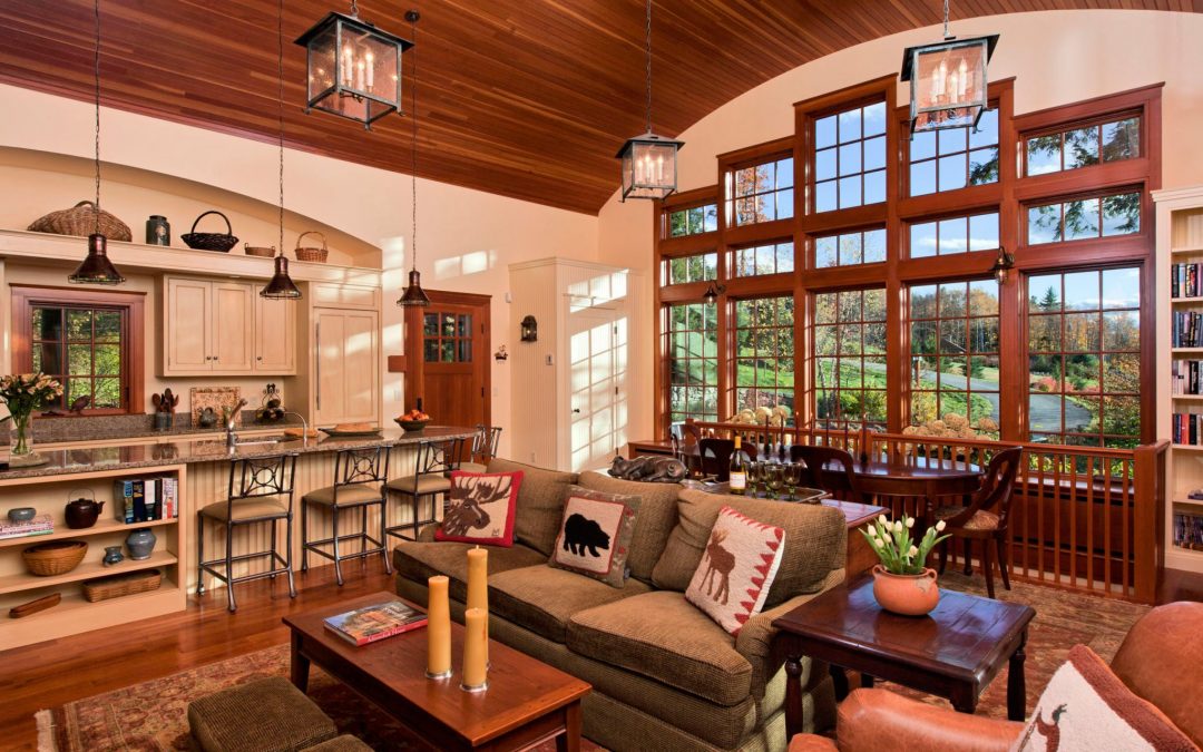 The guest house on this White Mountain retreat property features interior design by Boston Interior Designer Elizabeth Swartz Interiors.